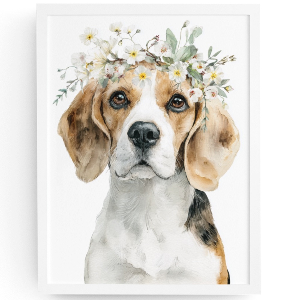 Watercolor Beagle Dog Wall Art Print – Floral Crown Dog Illustration | Unframed